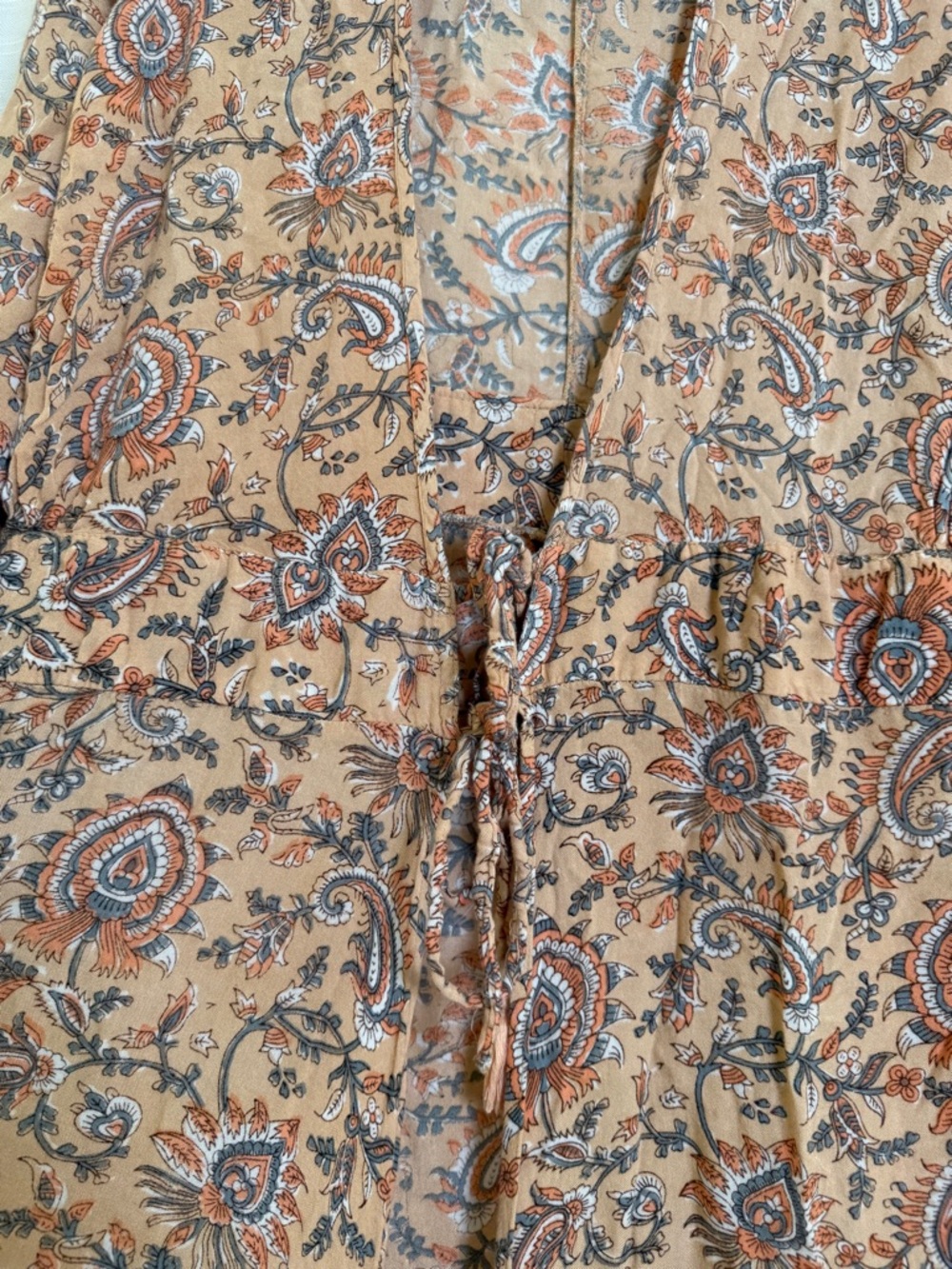 Coven & Co Boho Paisley Maxi Dress Tan Rust Flowy Ruffle Hem Cottagecore Size S - Picture 7 of 16